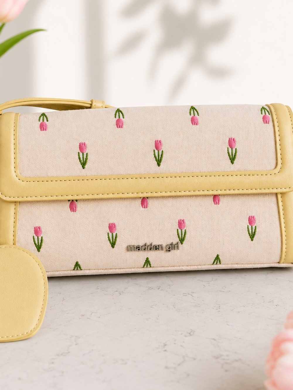 Madden Girl Yellow & Pink Tulip Embroidered Crossbody Bag